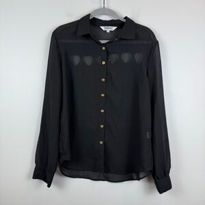 Tramp Shirt Womens Large Black Heart Cutout Button-Up Long Sleeve Classic Gothic